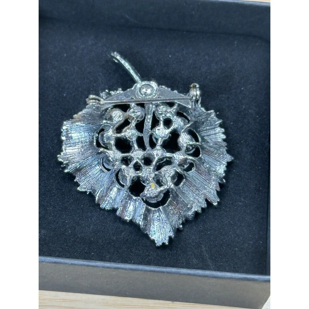 Vintage Aurora Borealis Crystal and Rhinestone Silver Tone Leaf Brooch Lapel Pin